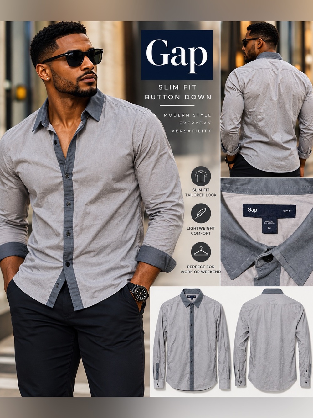 GAP Men's Slim Fit Button-Down Shirt in Light Gray with Dark Trim size Med